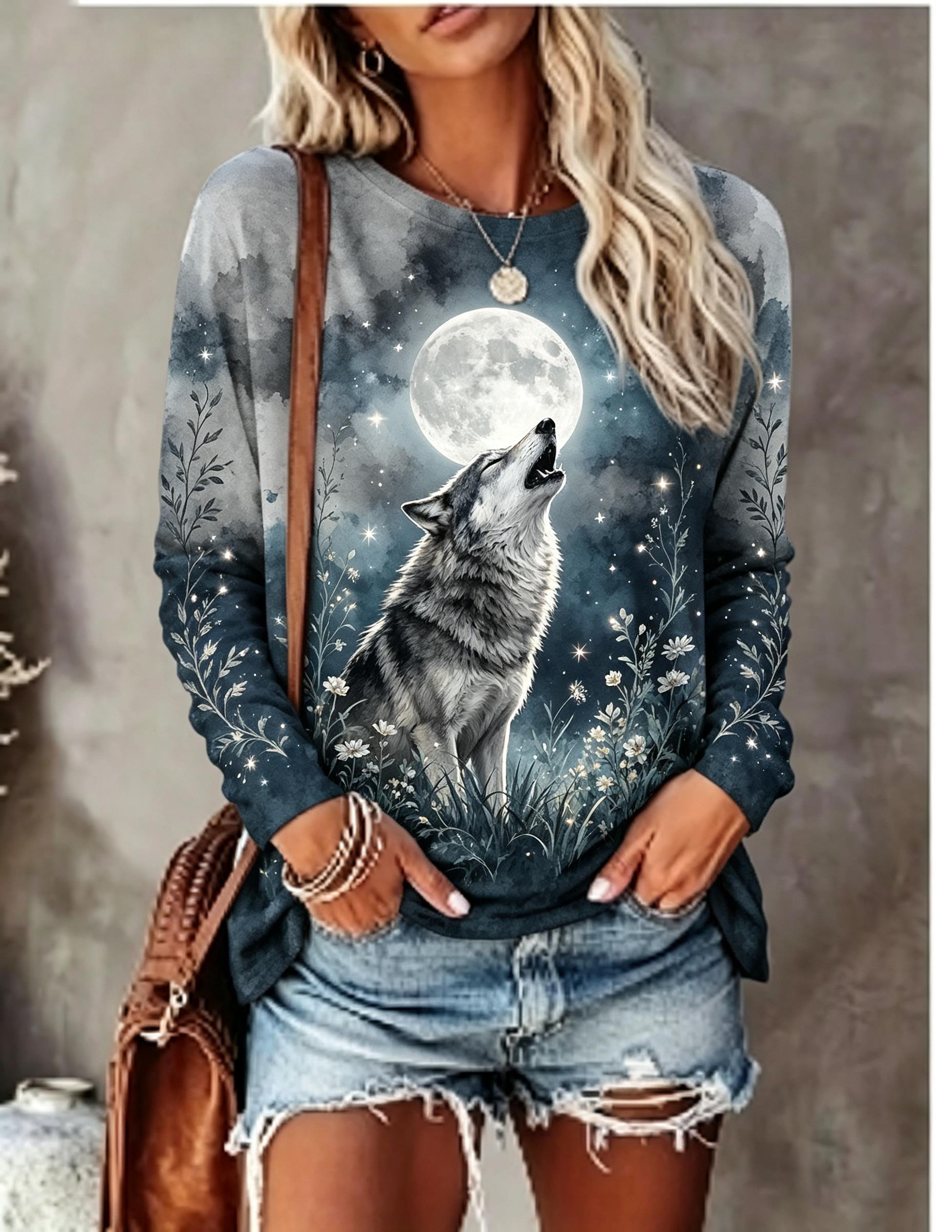 T-Shirts - 여성용 긴팔 티셔츠, 짖는 늑대, 보름달,