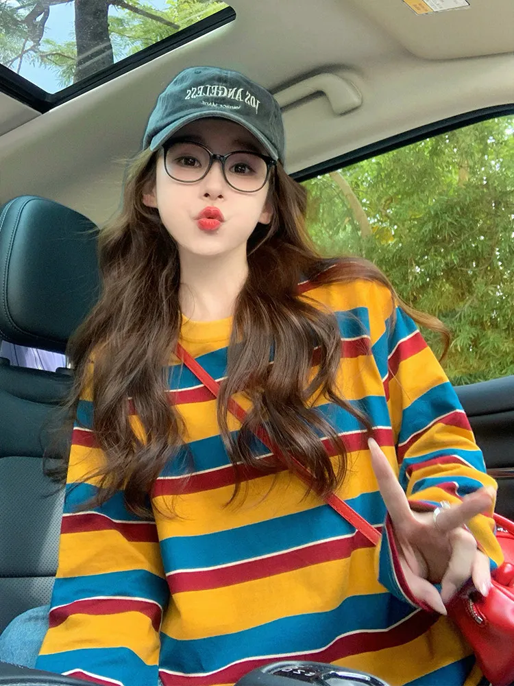 여성용 컬러 블록 스트라이프 긴팔 티셔츠, 둥근 네크라 - T-Shirts 리뷰 및 가격