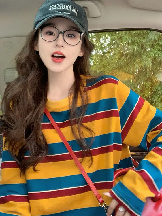 여성용 컬러 블록 스트라이프 긴팔 티셔츠, 둥근 네크라 - T-Shirts 리뷰 및 가격