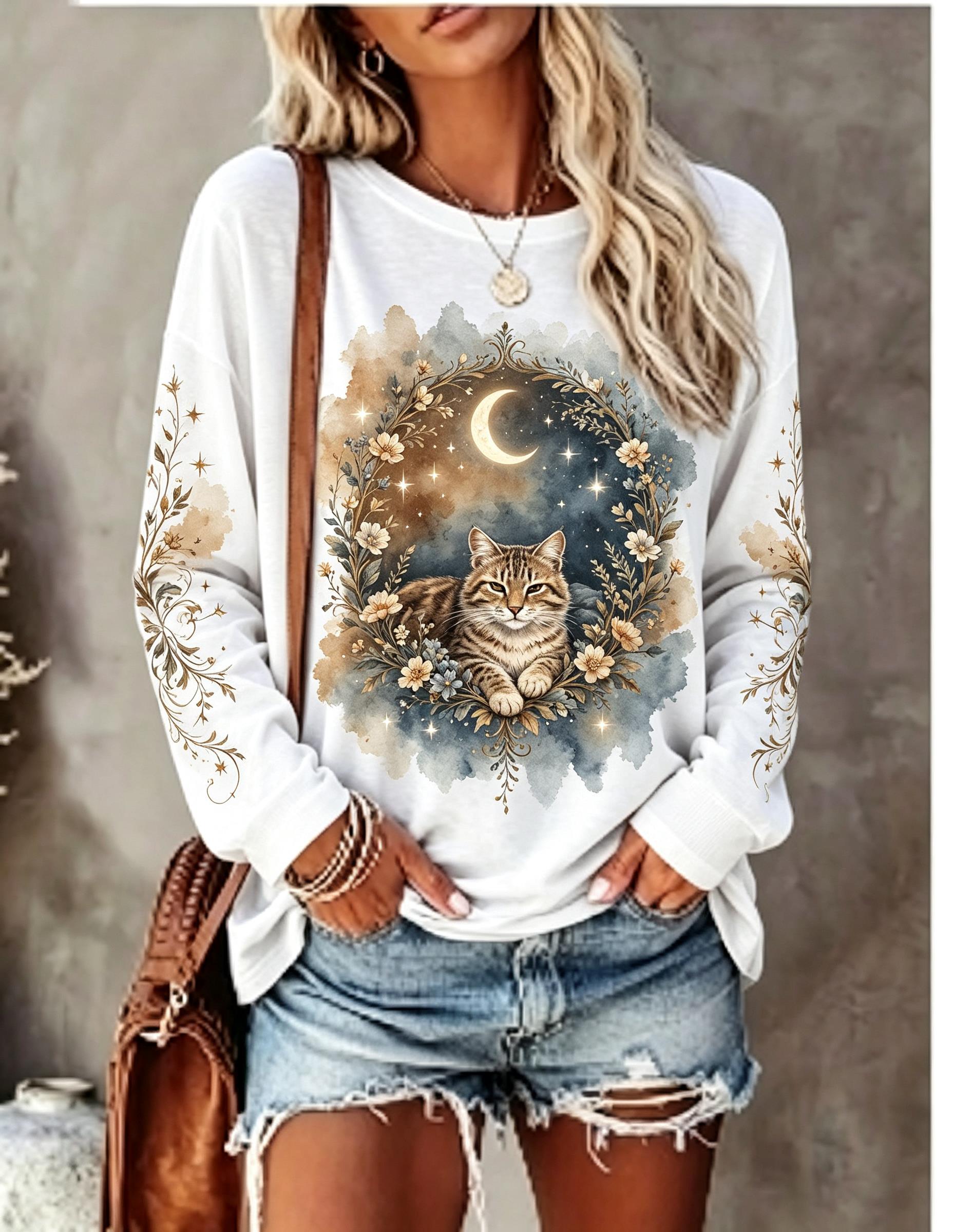 여성용 긴팔 티셔츠, 짖는 늑대, 보름달, 야생, 꽃무 - T-Shirts 리뷰 및 가격