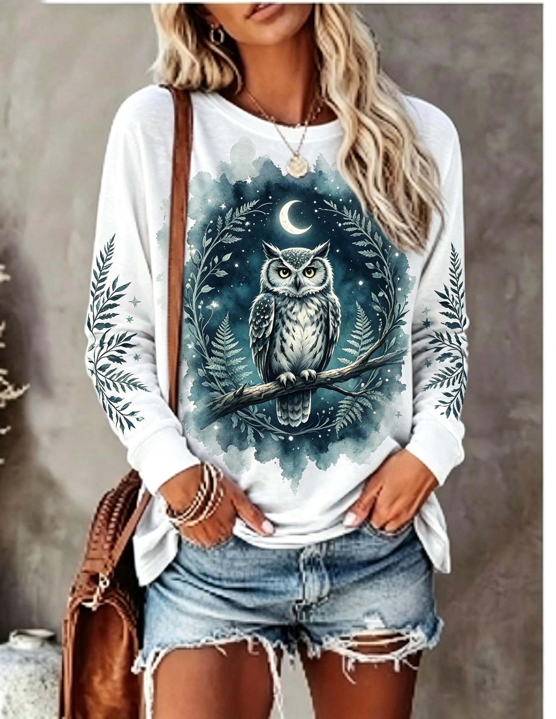 여성용 긴팔 티셔츠, 짖는 늑대, 보름달, 야생, 꽃무 - T-Shirts 리뷰 및 가격
